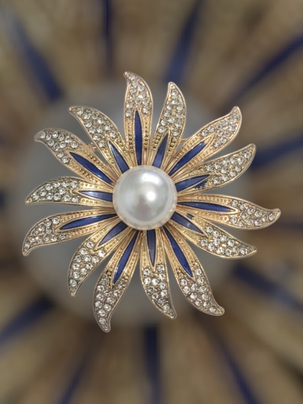 Gold Tone Sunburst And Pearl Crystal Brooch New